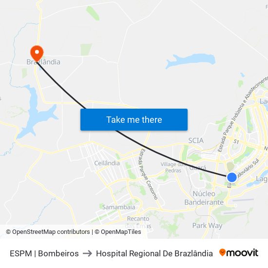 ESPM | Bombeiros to Hospital Regional De Brazlândia map