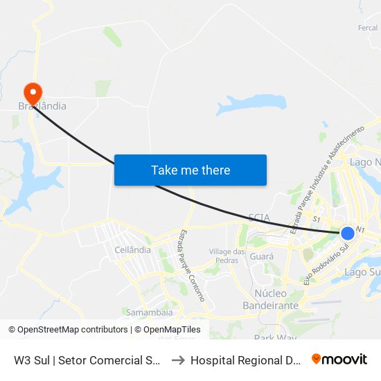 W3 Sul | Setor Comercial Sul / Pátio Brasil to Hospital Regional De Brazlândia map