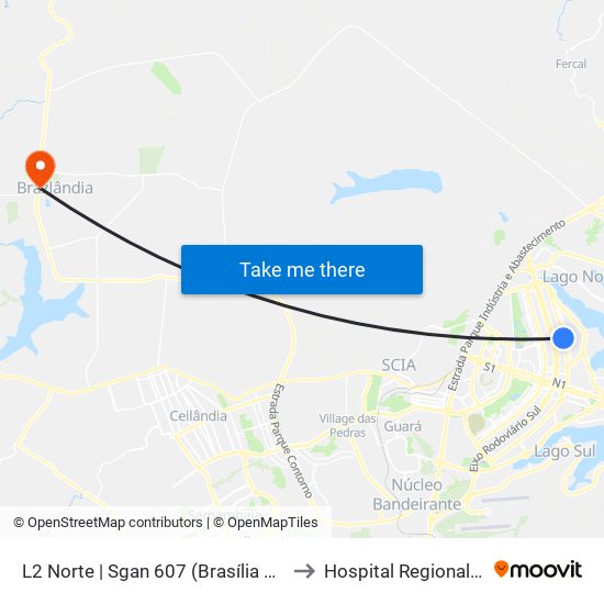 L2 Norte | SGAN 607 (CRE Plano Piloto) to Hospital Regional De Brazlândia map