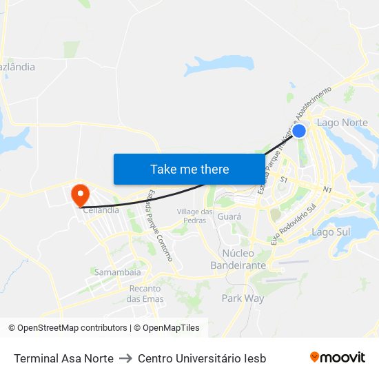 Terminal Asa Norte to Centro Universitário Iesb map