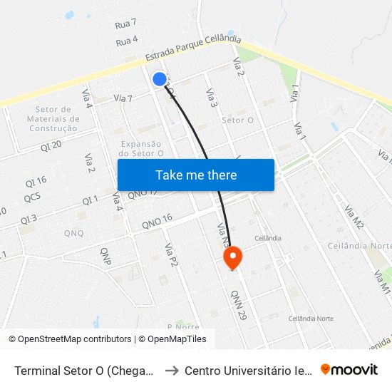 Terminal Setor O (Chegada) to Centro Universitário Iesb map