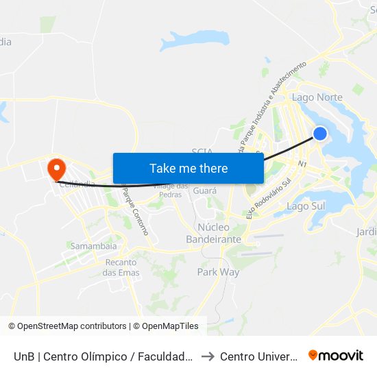 UnB | Centro Olímpico / Faculdade de Educação Física to Centro Universitário Iesb map