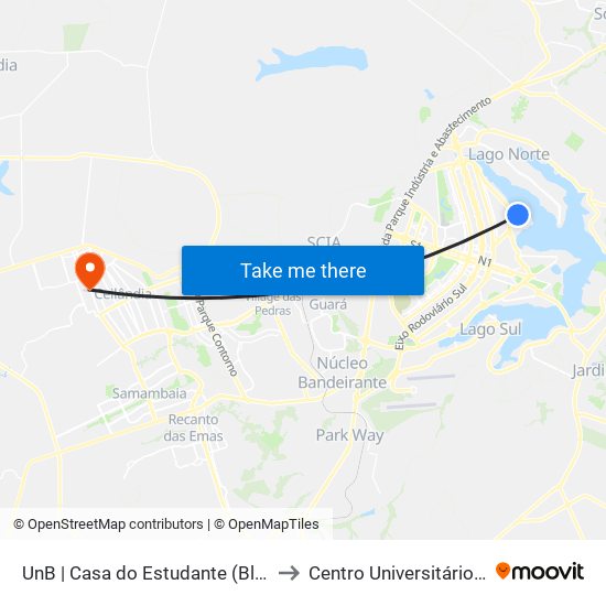 UnB | Casa do Estudante (Bloco A) to Centro Universitário Iesb map