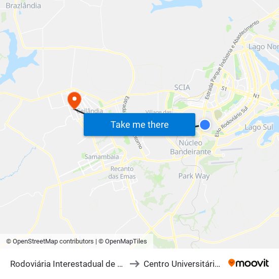 Rodoviária Interestadual de Brasília to Centro Universitário Iesb map