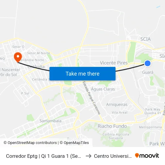 Corredor EPTG | Qi 1 Guara (Sentido Tag.) to Centro Universitário Iesb map