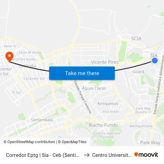Corredor Eptg | Sia - Ceb (Sentido Plano Piloto) to Centro Universitário Iesb map