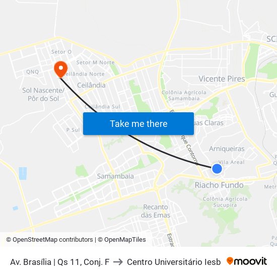 Av. Brasília | Qs 11, Conj. F to Centro Universitário Iesb map