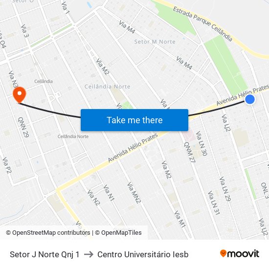 Setor J Norte Qnj 1 to Centro Universitário Iesb map