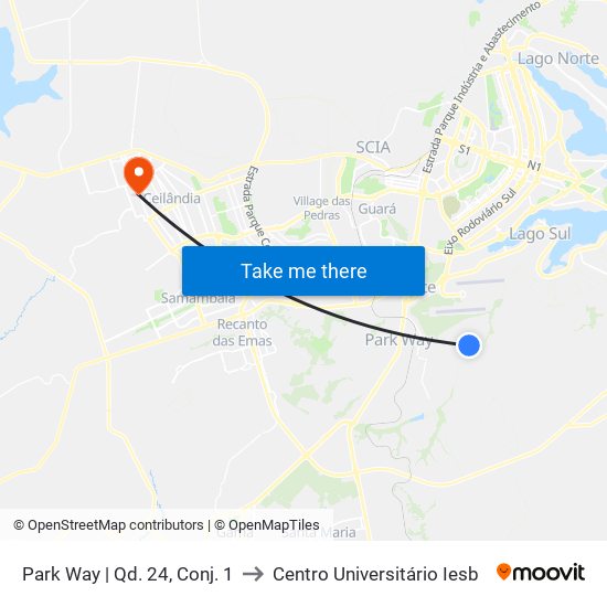 Park Way | Qd. 24, Conj. 1 to Centro Universitário Iesb map