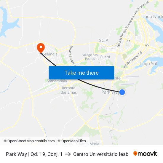 Park Way | Qd. 19, Conj. 1 to Centro Universitário Iesb map