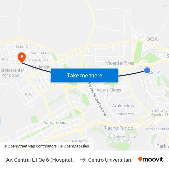Av. Central L | Qe 6 (Hospital / Ubs 1) to Centro Universitário Iesb map