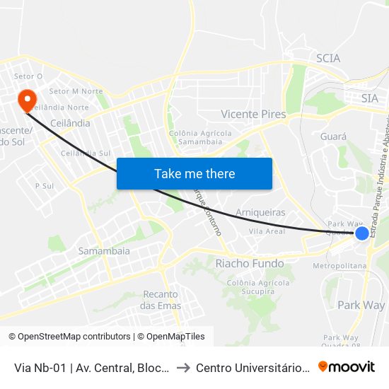 Via Nb-01 | Av. Central, Bloco 211 to Centro Universitário Iesb map