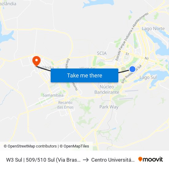 W3 Sul | 509/510 Sul (Via Brasil / CASEB) to Centro Universitário Iesb map