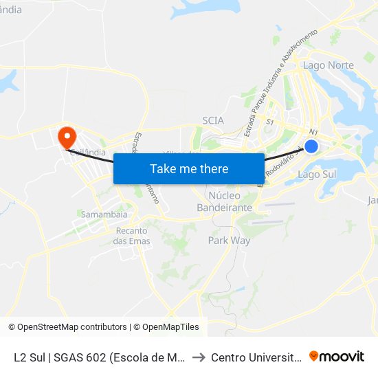 L2 Sul | SGAS 602 (Escola de Música / CESAS) to Centro Universitário Iesb map