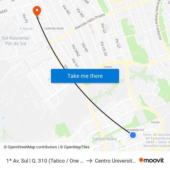 1ª Av. Sul | Q. 310 (Tatico / One Centro Clínico) to Centro Universitário Iesb map