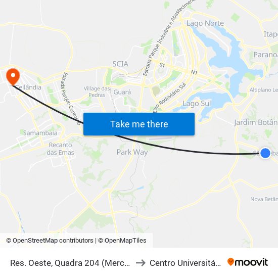Res. Oeste, Quadra 204 (Mercado União) to Centro Universitário Iesb map