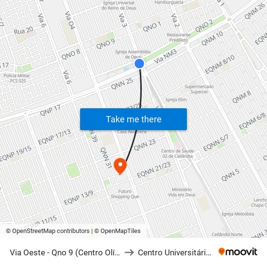 Via Oeste - Qno 9 (Centro Olímpico) to Centro Universitário Iesb map