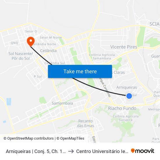 Arniqueiras | Conj. 5, Ch. 101 to Centro Universitário Iesb map