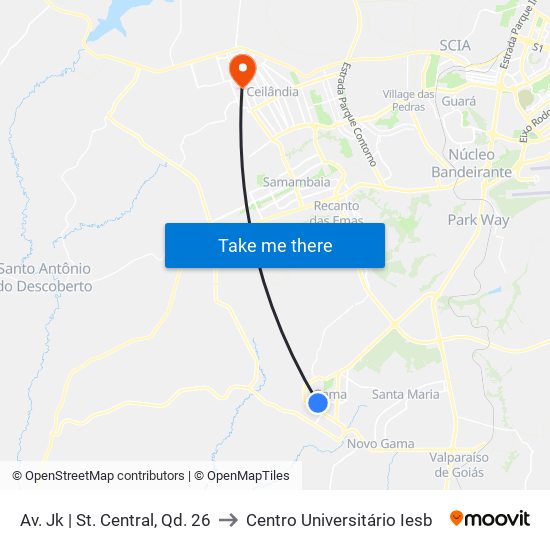 Av. Jk | St. Central, Qd. 26 to Centro Universitário Iesb map