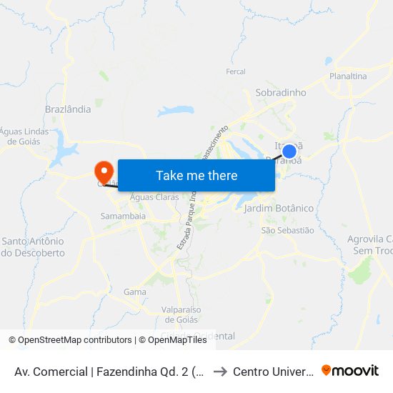 Av. Comercial | Fazendinha Qd. 2 (Pizzaria Quatro Queijos) to Centro Universitário Iesb map