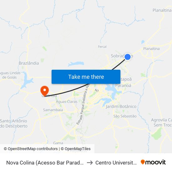 Nova Colina (Acesso Bar Parada Obrigatória) to Centro Universitário Iesb map