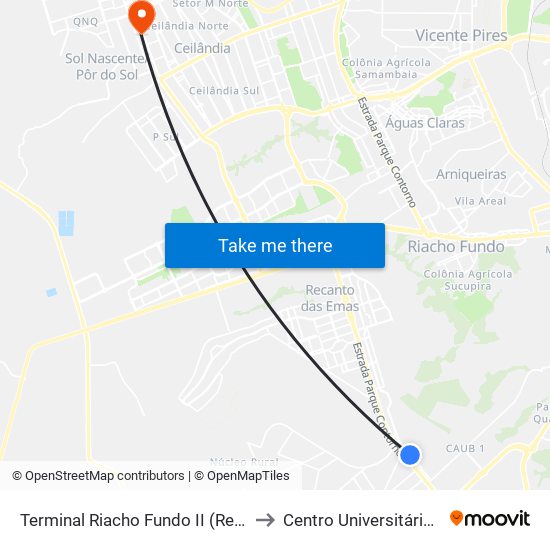Terminal Riacho Fundo II (Remover) to Centro Universitário Iesb map