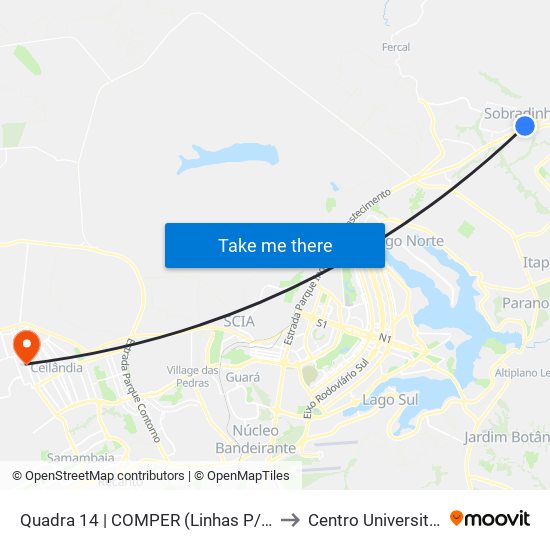 Quadra 14 | COMPER (Linhas P/ Sobradinho II) to Centro Universitário Iesb map