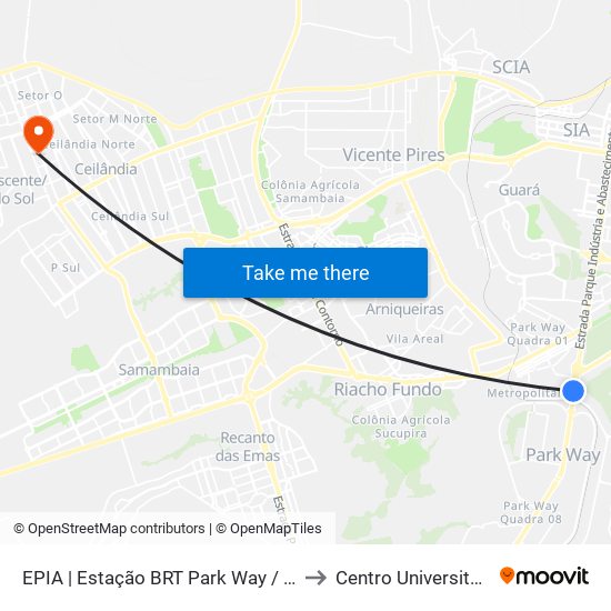 EPIA | Estação BRT Park Way / Floriculturas to Centro Universitário Iesb map