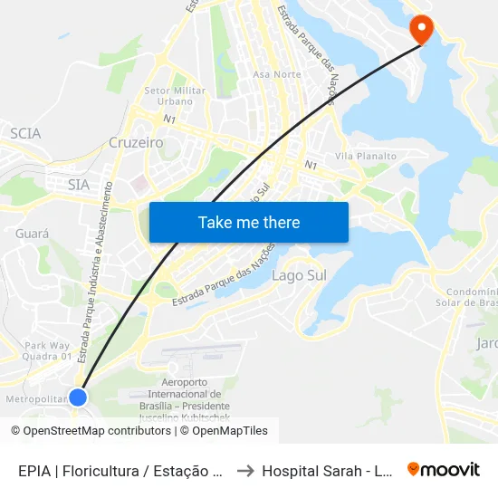 EPIA | Floricultura / Estação BRT Park Way to Hospital Sarah - Lago Norte map