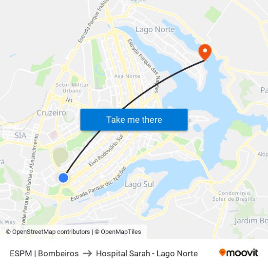 ESPM | Bombeiros to Hospital Sarah - Lago Norte map