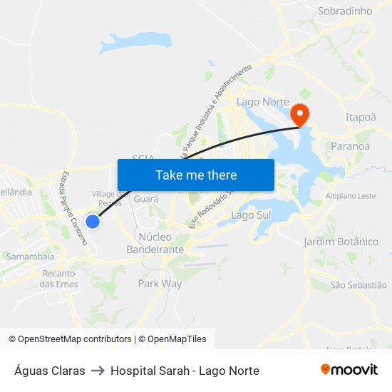 Águas Claras to Hospital Sarah - Lago Norte map