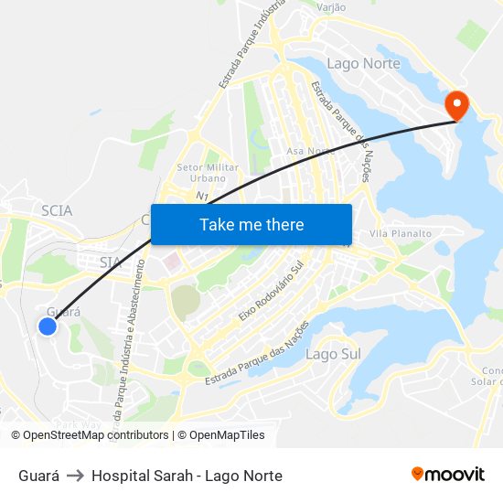 Guará to Hospital Sarah - Lago Norte map