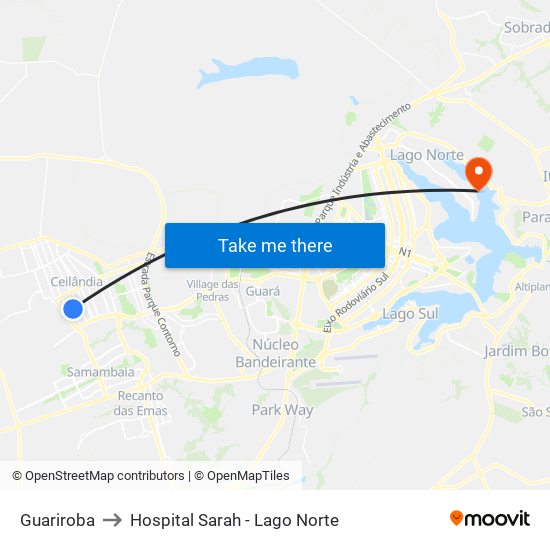 Guariroba to Hospital Sarah - Lago Norte map