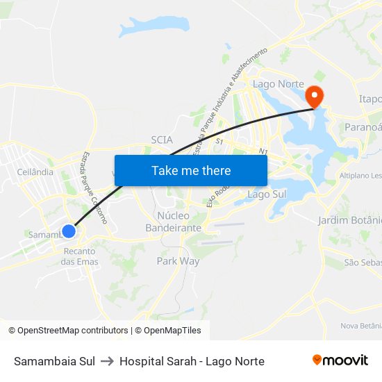 Samambaia Sul to Hospital Sarah - Lago Norte map