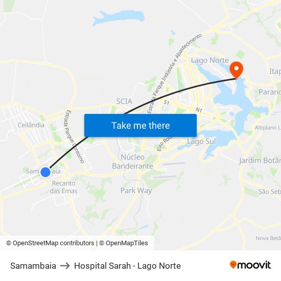 Samambaia to Hospital Sarah - Lago Norte map