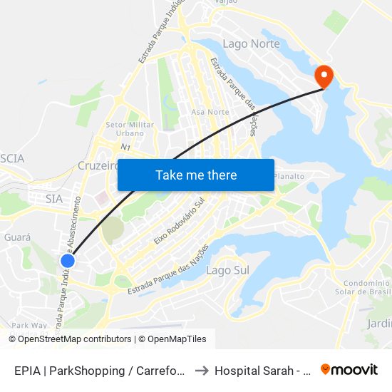 EPIA | ParkShopping / Carrefour (SEMIURBANO) to Hospital Sarah - Lago Norte map