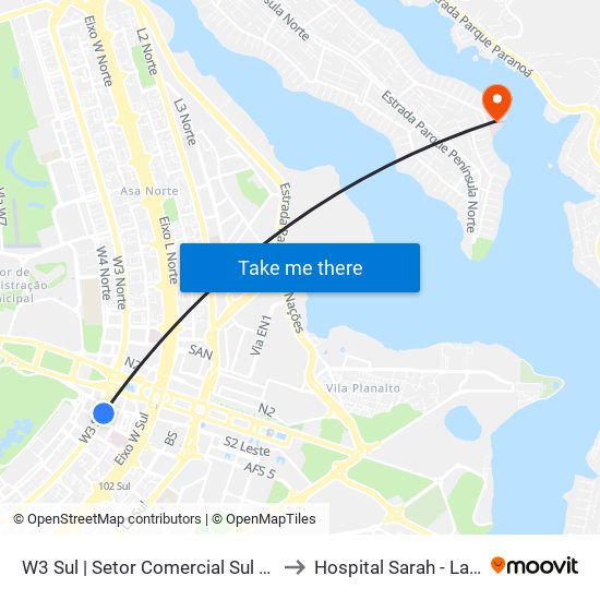W3 Sul | Setor Comercial Sul / Pátio Brasil to Hospital Sarah - Lago Norte map