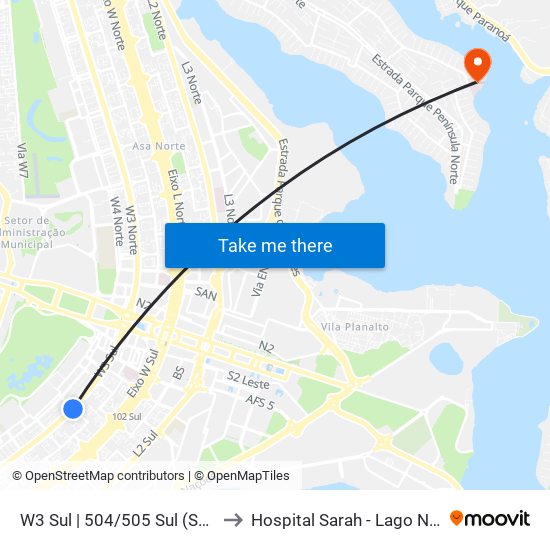 W3 Sul | 504/505 Sul (SESC) to Hospital Sarah - Lago Norte map