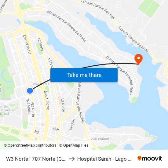 W3 Norte | 707 Norte (CEUB) to Hospital Sarah - Lago Norte map