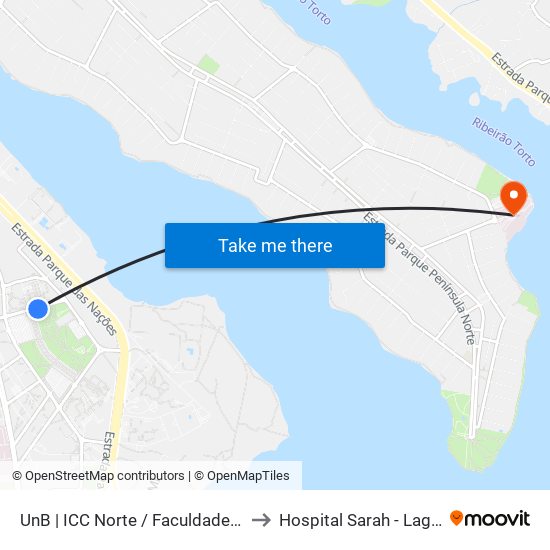 UnB | ICC Norte / Faculdade de Direito to Hospital Sarah - Lago Norte map