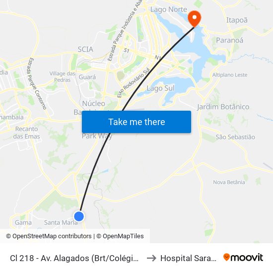 Cl 218 - Av. Alagados (Brt/Colégio Santa Maria/N.S.Aparecida) to Hospital Sarah - Lago Norte map