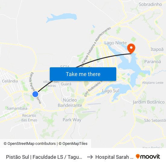 Pistão Sul | Faculdade LS / Taguatinga Shopping / Cobasi to Hospital Sarah - Lago Norte map
