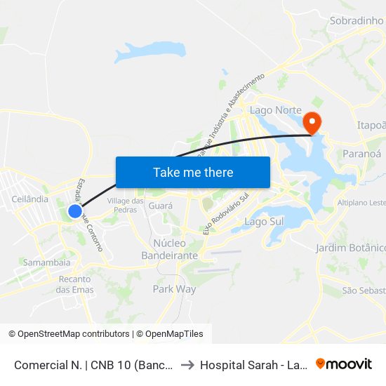 Comercial N. | CNB 10 (Banco Mercantil) to Hospital Sarah - Lago Norte map