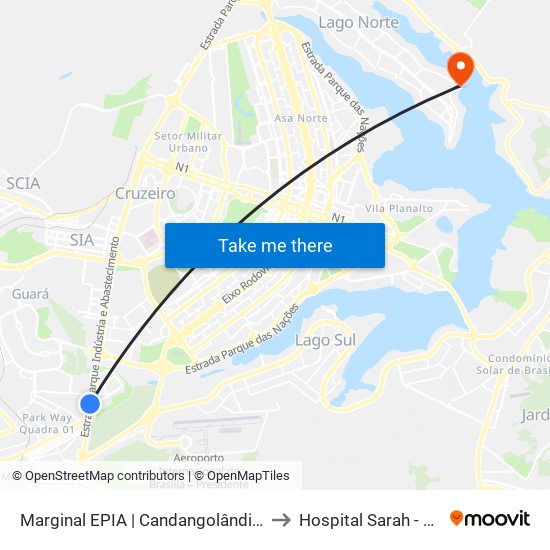 Marginal EPIA | Candangolândia (Lado Oposto) to Hospital Sarah - Lago Norte map