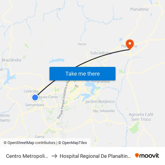 Centro Metropolitano to Hospital Regional De Planaltina - Hrp map