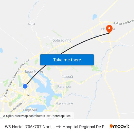 W3 Norte | 706/707 Norte (McDonald's) to Hospital Regional De Planaltina - Hrp map