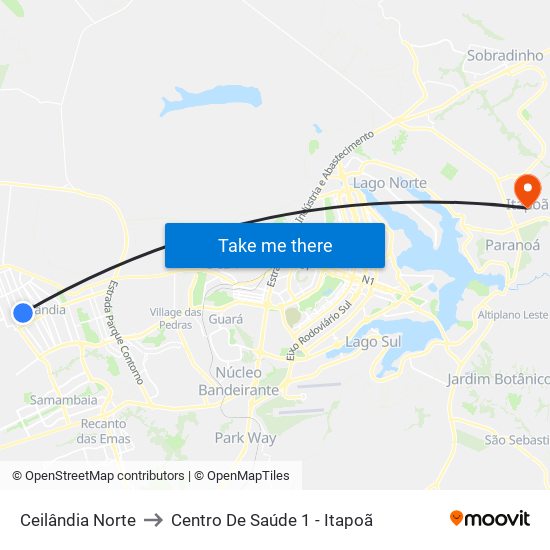 Ceilândia Norte to Centro De Saúde 1 - Itapoã map