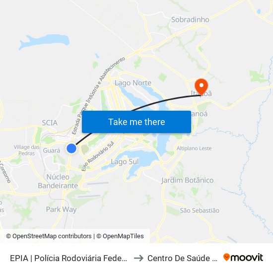 EPIA | Polícia Rodoviária Federal / NOVACAP to Centro De Saúde 1 - Itapoã map