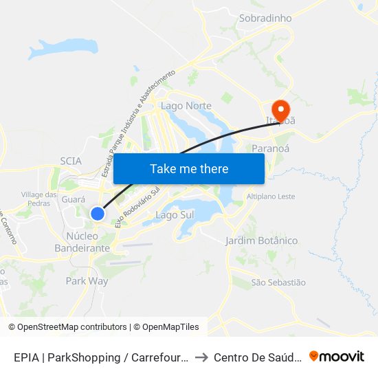 EPIA | ParkShopping / Carrefour / Rod. Interestadual to Centro De Saúde 1 - Itapoã map