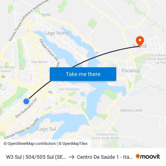 W3 Sul | 504/505 Sul (SESC) to Centro De Saúde 1 - Itapoã map